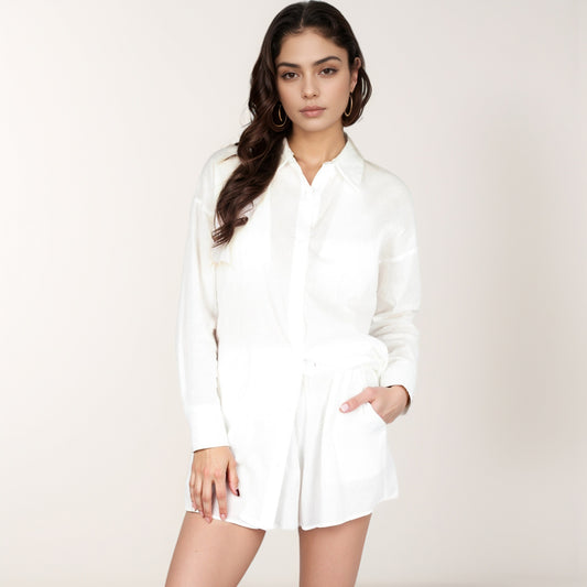 3-Piece Matching Set with Oversized Button-Up Shirt, Drawstring Shorts, and Triangle Top