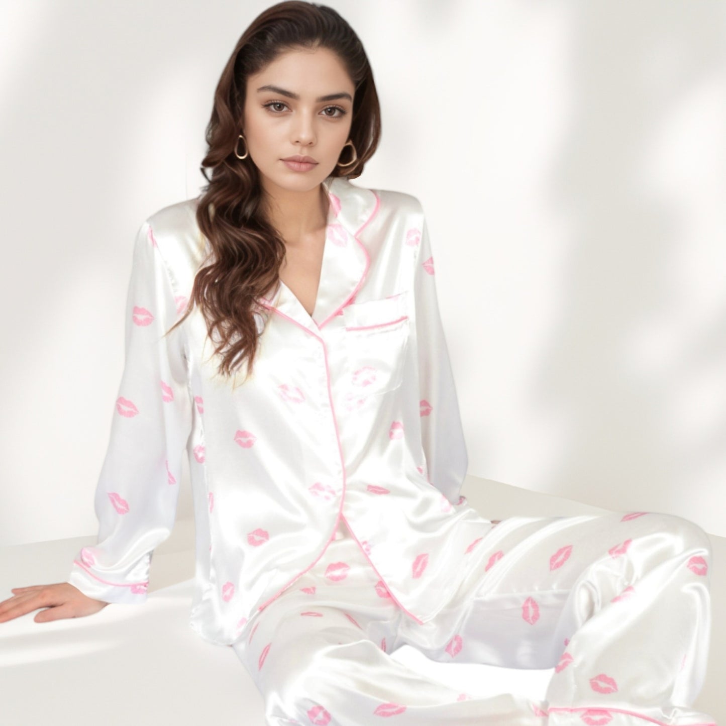 Satin Three-Piece Pajama Set with Kiss Print Long Sleeve Button-Up Shirt Bandeau Top and Full-Length Lounge Pants
