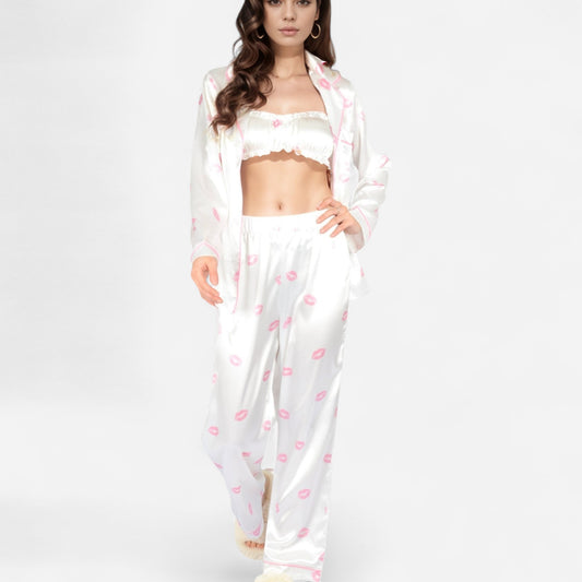 Satin Three-Piece Pajama Set with Kiss Print Long Sleeve Button-Up Shirt Bandeau Top and Full-Length Lounge Pants