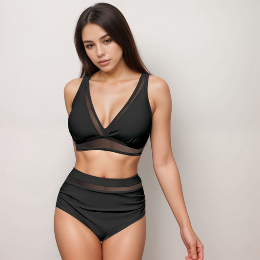 Swim Women's Two Piece Swimsuit with Mesh Trim Deep V Neck Bikini Top and High Waisted Ruched Bottoms