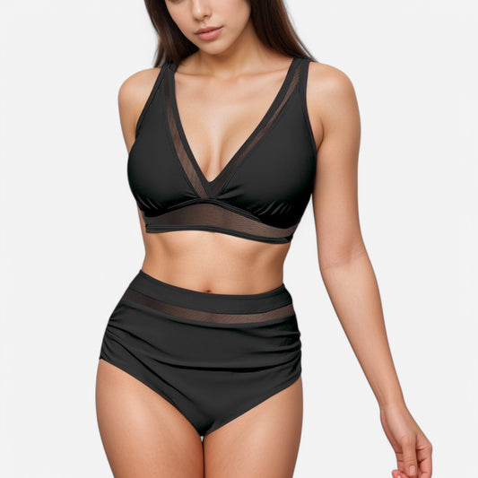 Swim Women's Two Piece Swimsuit with Mesh Trim Deep V Neck Bikini Top and High Waisted Ruched Bottoms