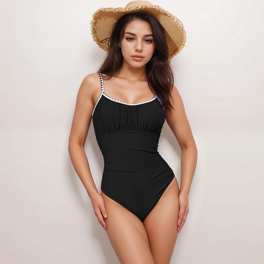 Swim Women's One Piece Swimsuit with Scallop Trim Straps and Shirred Bust Detail