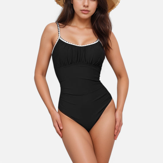 Swim Women's One Piece Swimsuit with Scallop Trim Straps and Shirred Bust Detail