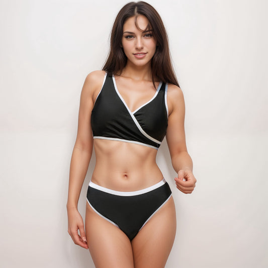 Swim Women's Two Piece Bikini Set with Contrast Trim and Wrap Front Top