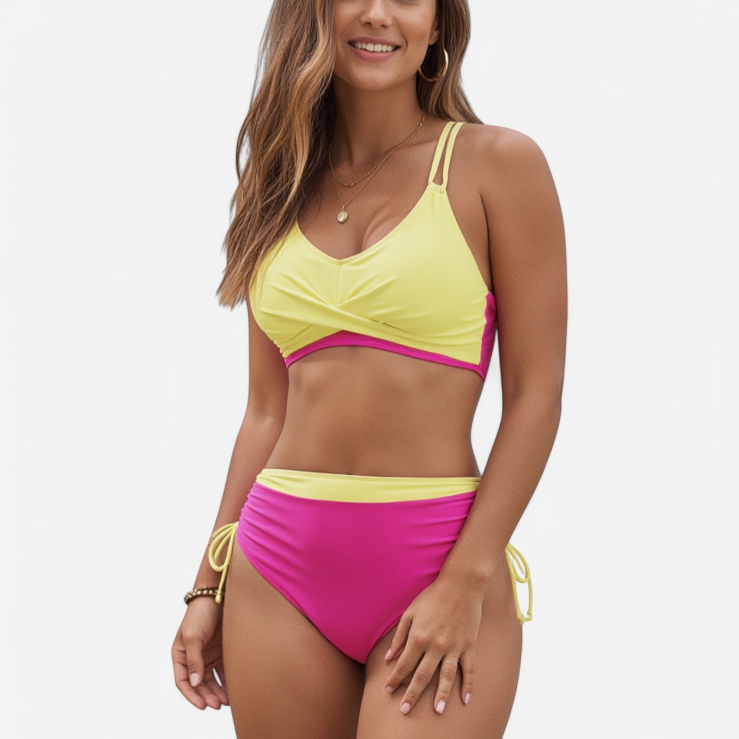 Swim Women's Two-Tone Bikini Set with Double Strap Top and High Waist Ruched Bottom with Side Tie Detail