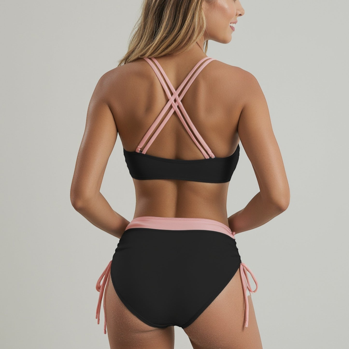 Swim Women's Two-Tone Bikini Set with Double Strap Top and High Waist Ruched Bottom with Side Tie Detail