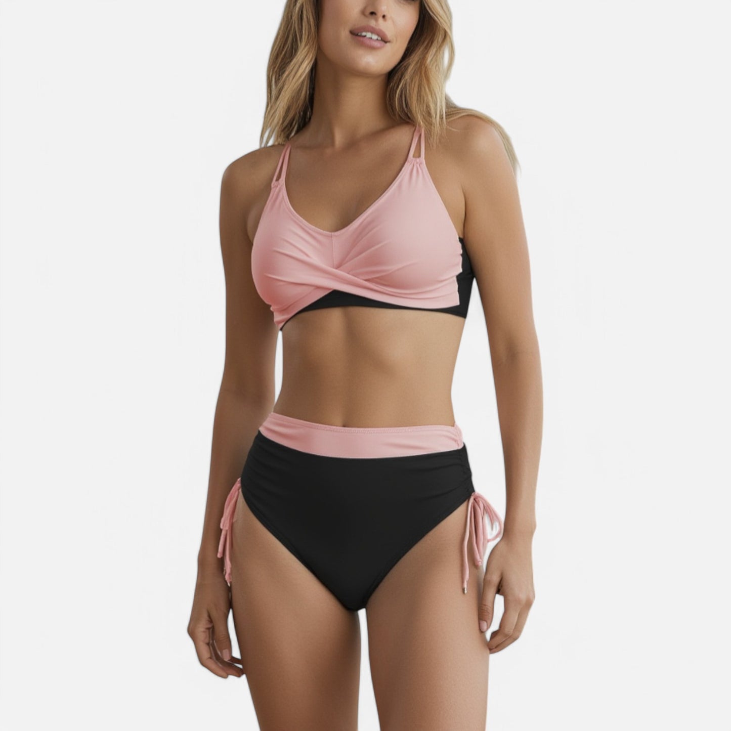 Swim Women's Two-Tone Bikini Set with Double Strap Top and High Waist Ruched Bottom with Side Tie Detail