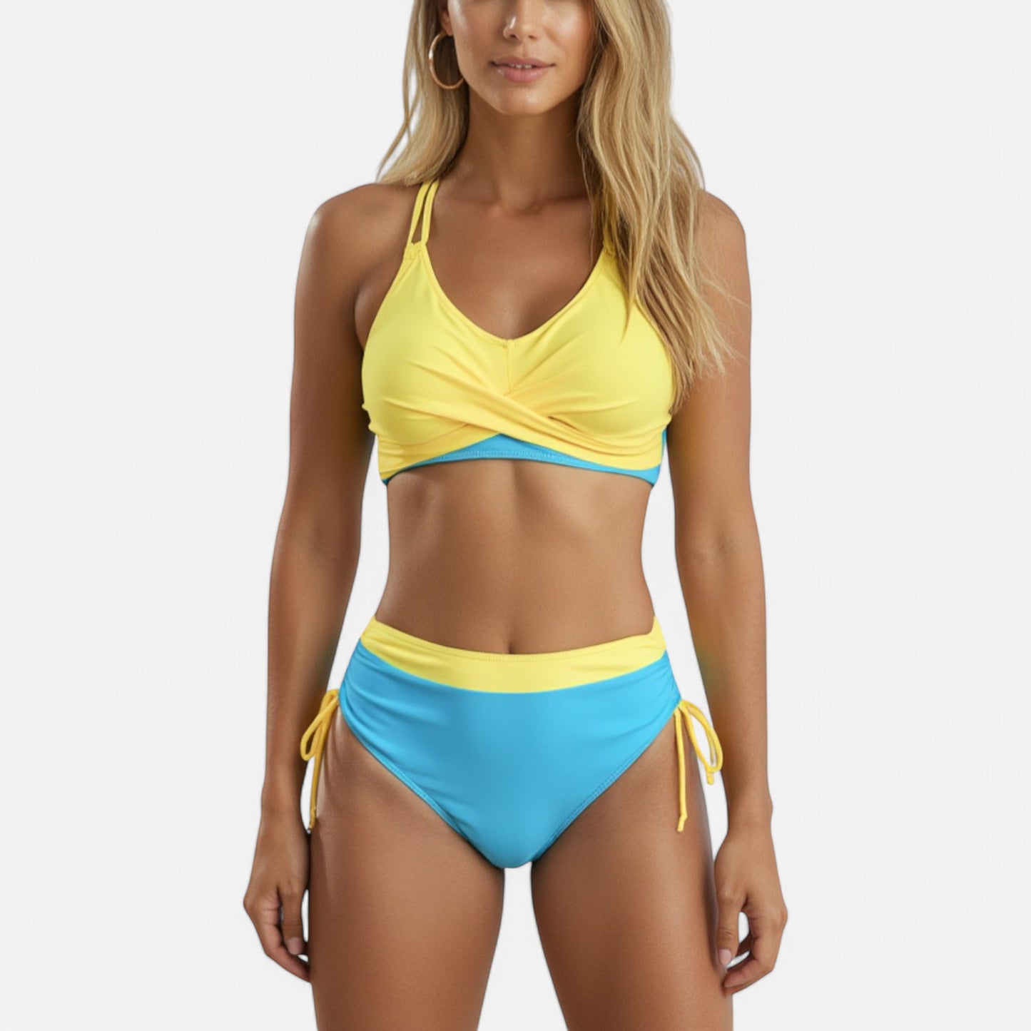 Swim Women's Two-Tone Bikini Set with Double Strap Top and High Waist Ruched Bottom with Side Tie Detail