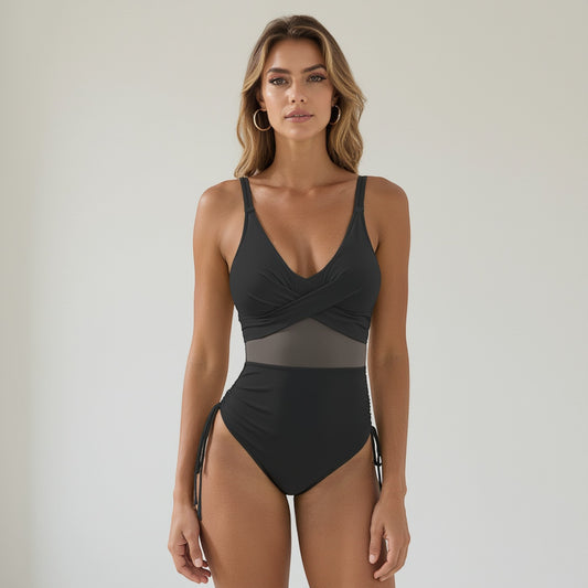Swim Women's Mesh Panel One Piece Swimsuit with Crisscross Bust Detail and Adjustable Side Tie Accents