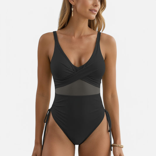Swim Women's Mesh Panel One Piece Swimsuit with Crisscross Bust Detail and Adjustable Side Tie Accents
