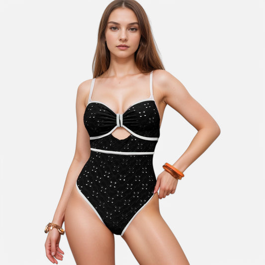 Swim Women's Eyelet Lace One Piece Swimsuit with Keyhole Cutout and Contrast Trim Detail
