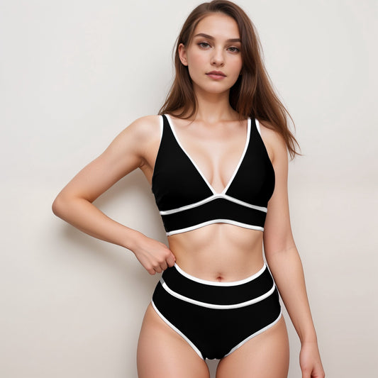 Swim Women's High Waist Bikini Set with White Contrast Piping and Wide Band Triangle Top