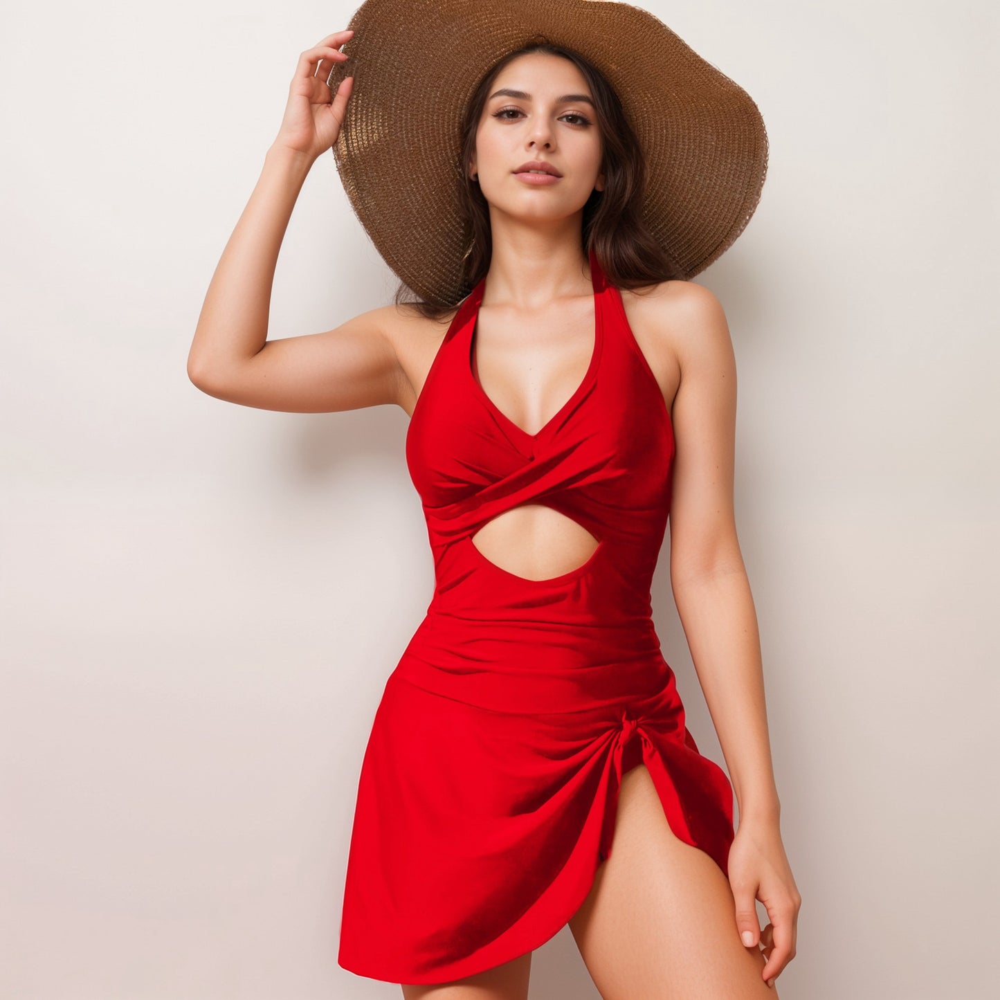 Swim Women's One Piece Halter Swimsuit with Front Cutout and Attached Wrap Skirt Detail