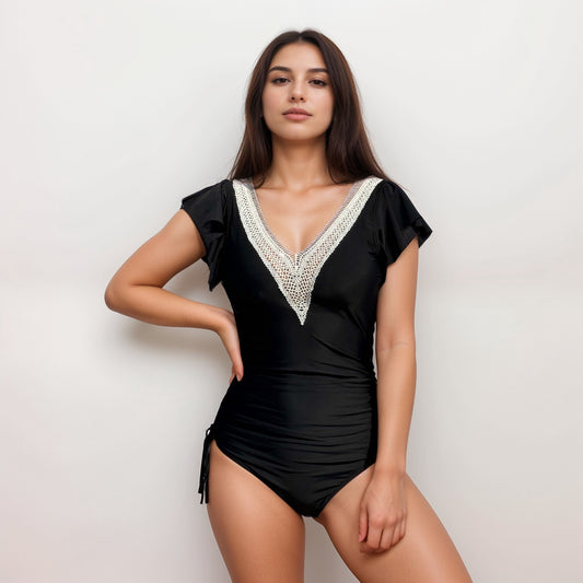 Swim Women's One Piece Swimsuit with Crochet V-Neckline and Flutter Cap Sleeves