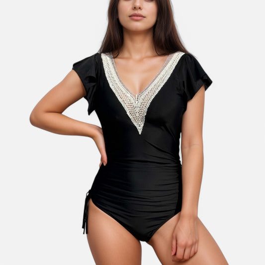 Swim Women's One Piece Swimsuit with Crochet V-Neckline and Flutter Cap Sleeves
