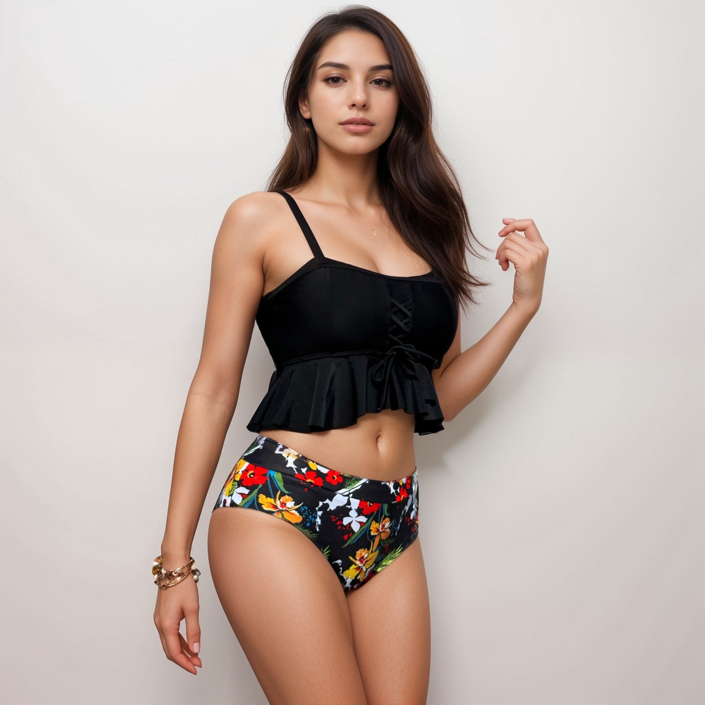 Swim Women's Two Piece Bikini Set with Lace-Up Ruffle Tankini Top and High Waist Floral Bottoms