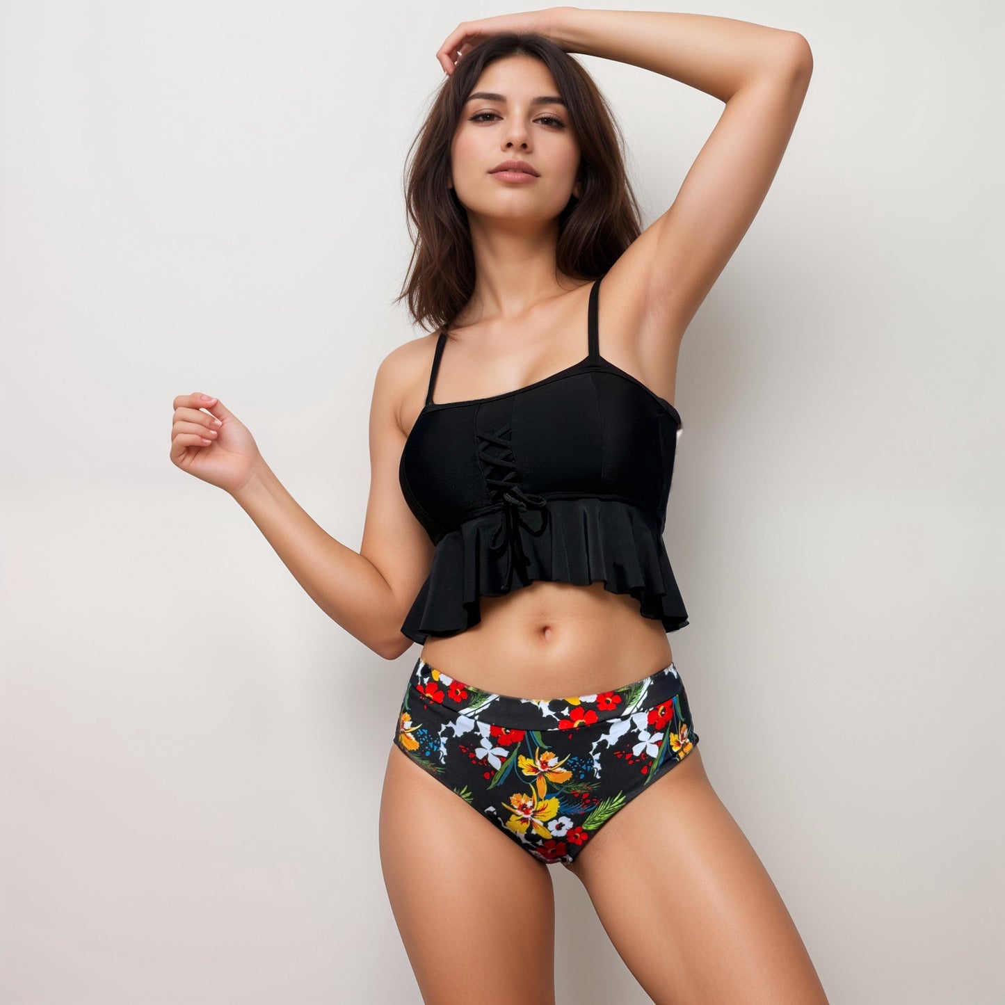 Swim Women's Two Piece Bikini Set with Lace-Up Ruffle Tankini Top and High Waist Floral Bottoms