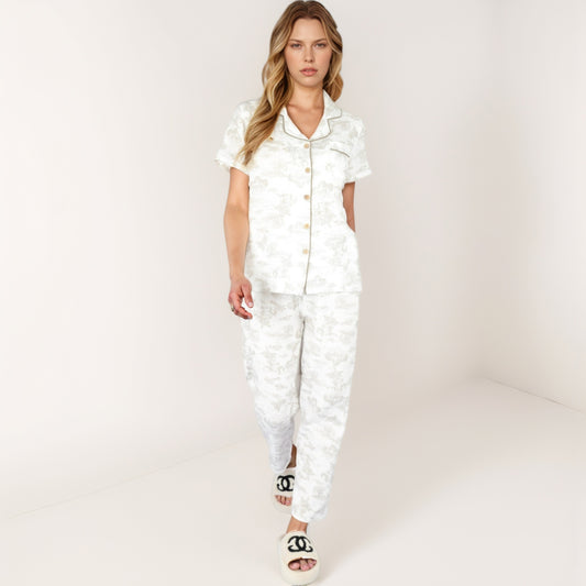 Printed Two-Piece Pajama Set with Short Sleeve Button Top and Elastic Waist Shorts