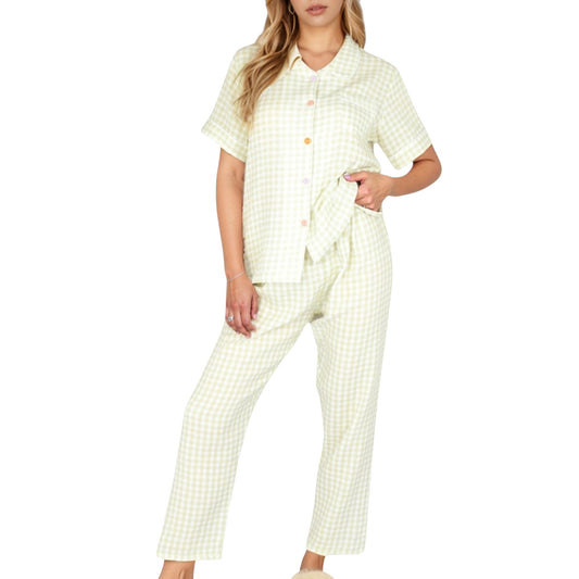 Gingham Print Two-Piece Pajama Set with Short Sleeve Button Top and Relaxed Fit Pants