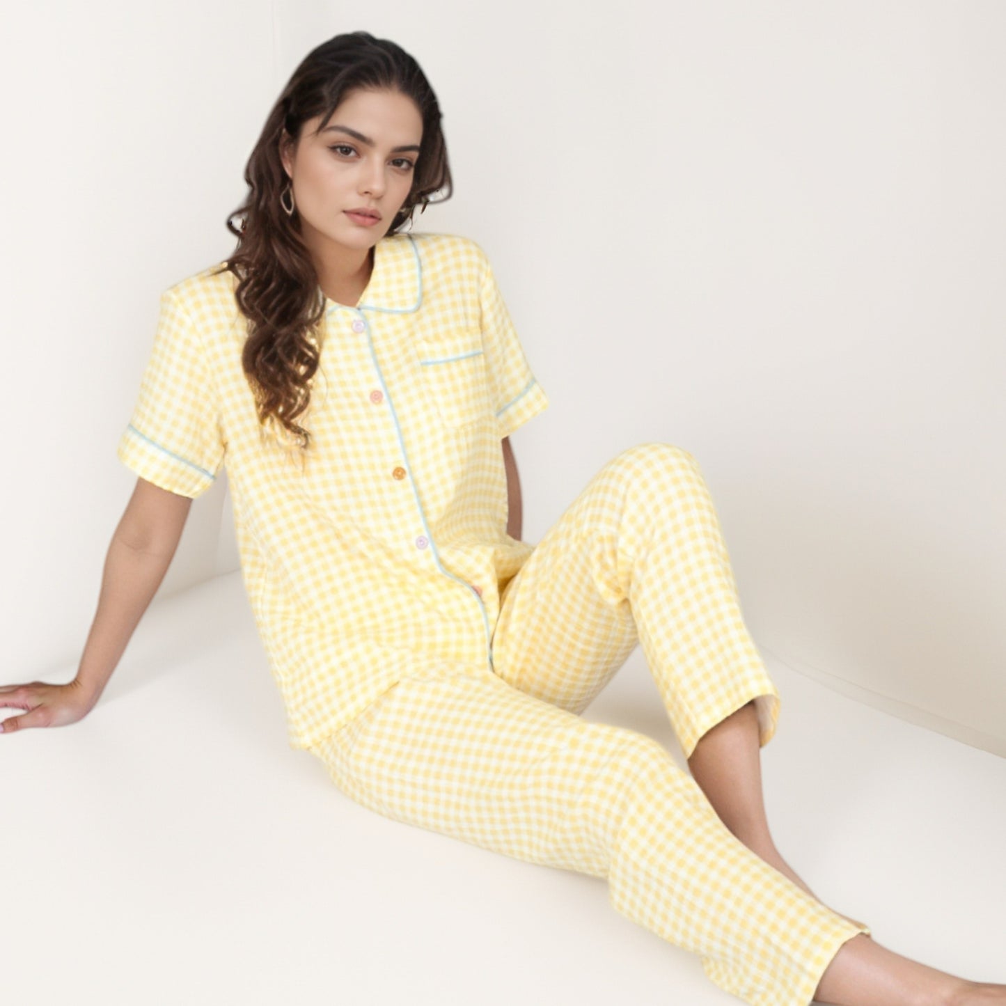 Gingham Print Two-Piece Pajama Set with Short Sleeve Button Top and Relaxed Fit Pants