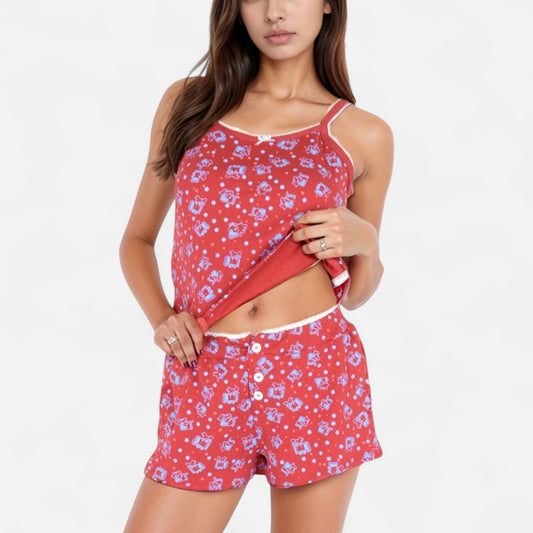 Floral Print Cami Pajama Set with Button Trim and Contrast Lace Edging