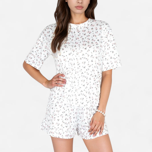 Tiny Rose Print Crew Neck Pajama Set with Short Sleeves and Ruffle Trim Shorts