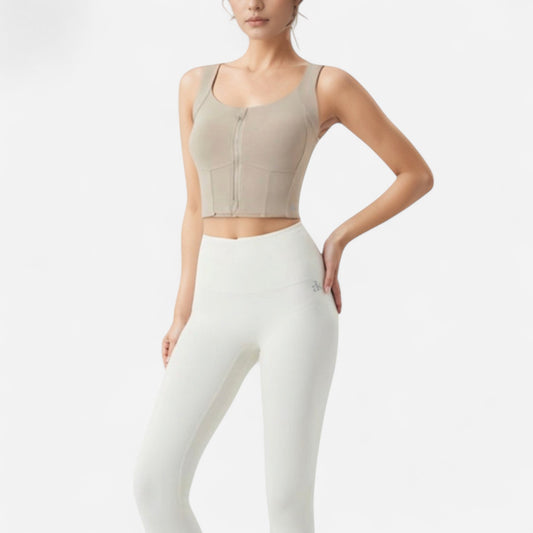 Zip-Up Cropped Athletic Tank Top with Built-In Bra and Contoured Seam Design