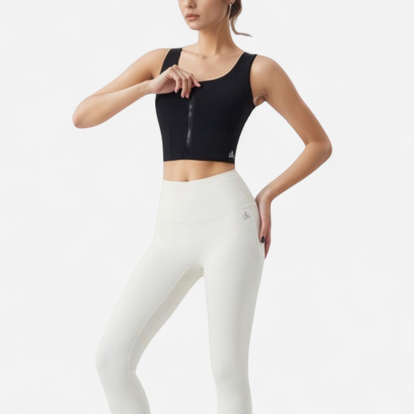 Zip-Up Cropped Athletic Tank Top with Built-In Bra and Contoured Seam Design