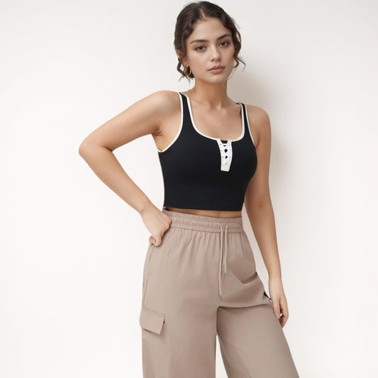 Cropped Tank Top with Contrast Trim and Lace-Up Front Detail