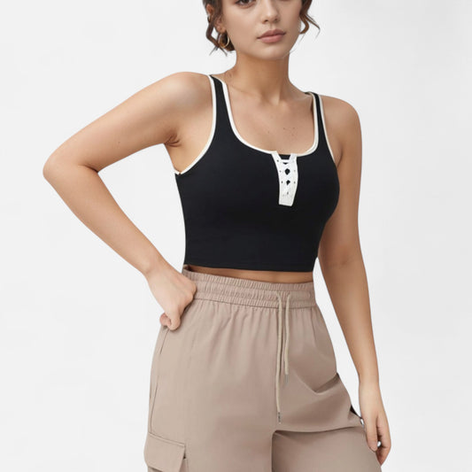Cropped Tank Top with Contrast Trim and Lace-Up Front Detail