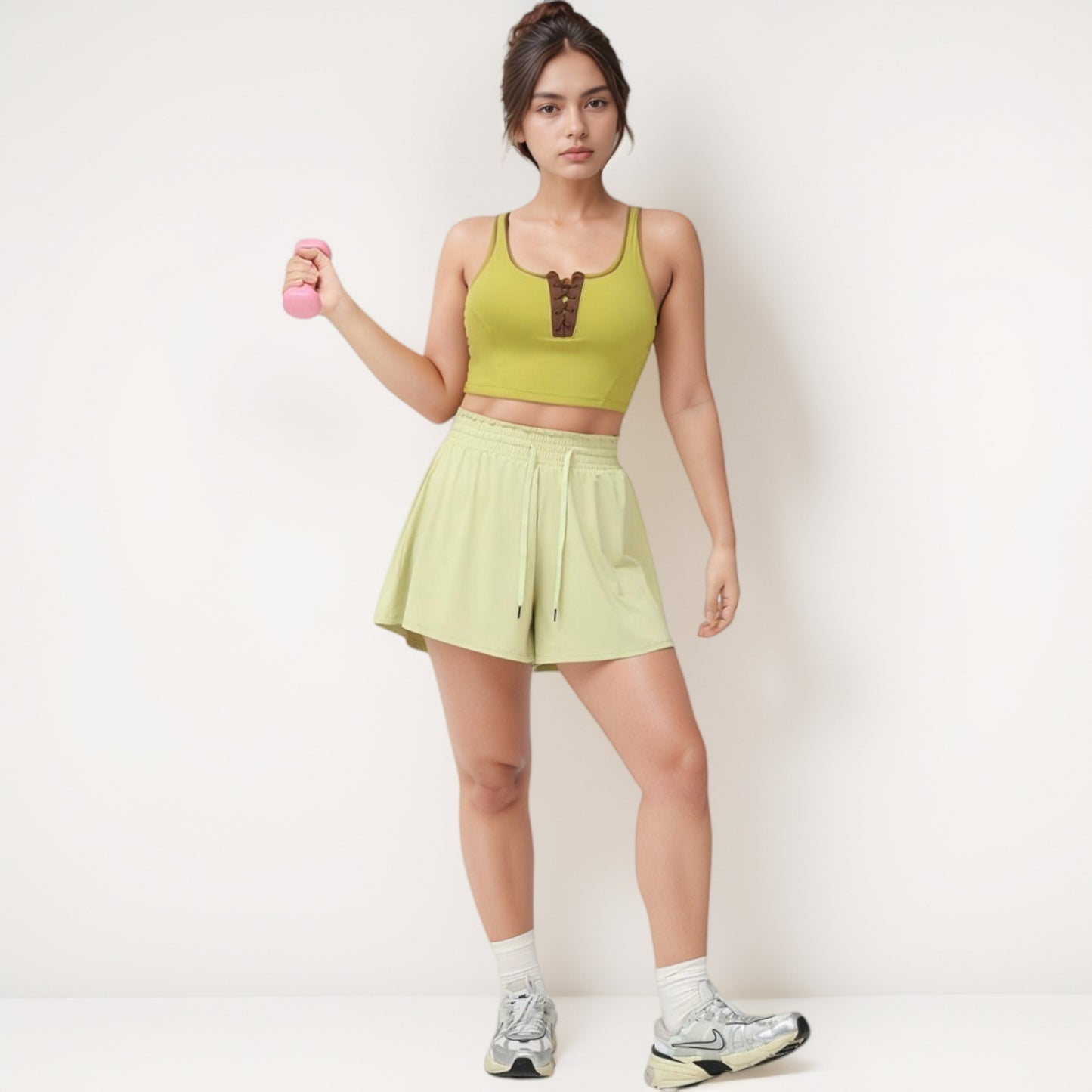 Cropped Tank Top with Contrast Trim and Lace-Up Front Detail