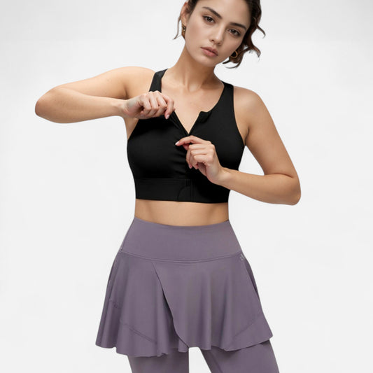 Front Zip Sports Crop Top with Scoop Neck and Wide Straps for Support