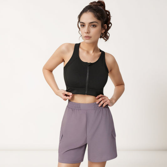 Front Zip Crop Sports Bra with Scoop Neckline and Wide Shoulder Straps for Medium Support