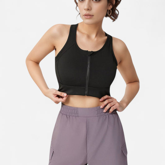 Front Zip Crop Sports Bra with Scoop Neckline and Wide Shoulder Straps for Medium Support