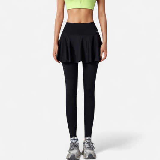 High Waist Leggings with Attached Flowy Skirt Overlay for Active and Casual Wear
