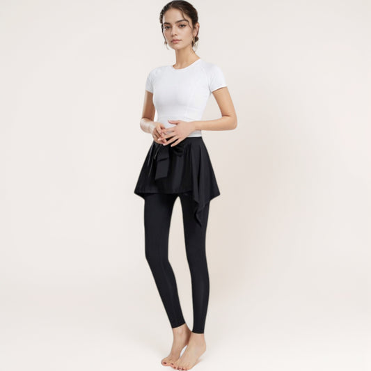 Full-Length Leggings with Attached Tie-Front Skirt Overlay for Active and Casual Looks