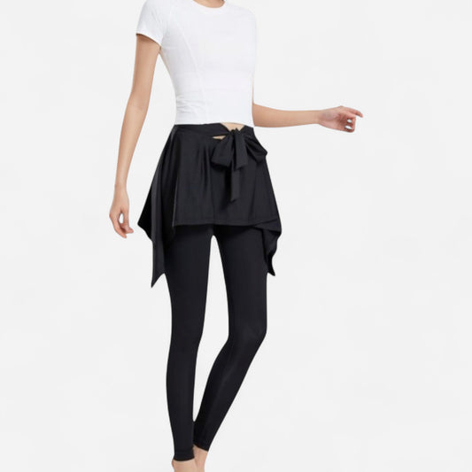 Full-Length Leggings with Attached Tie-Front Skirt Overlay for Active and Casual Looks