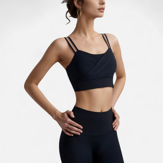Crisscross Sports Bra with Double Strap Design and Ruched Front Detail for Active Comfort