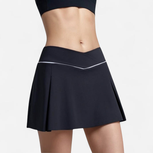 V Crossover Waist Tennis Skort with Built-In Shorts and White Trim Detail