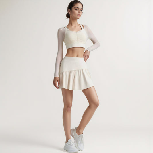 High Waist Active Skort with Built-In Shorts and Soft Gathered Hem Detail