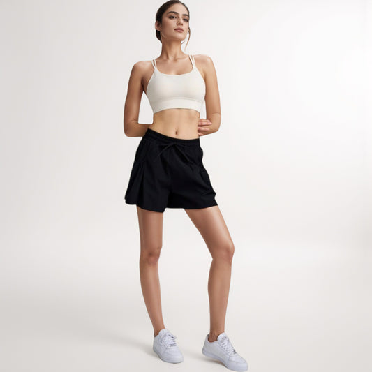 High Waist Active Shorts with Drawstring Waistband Pleated Side Pockets and Relaxed Fit