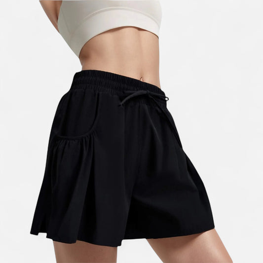 High Waist Active Shorts with Drawstring Waistband Pleated Side Pockets and Relaxed Fit