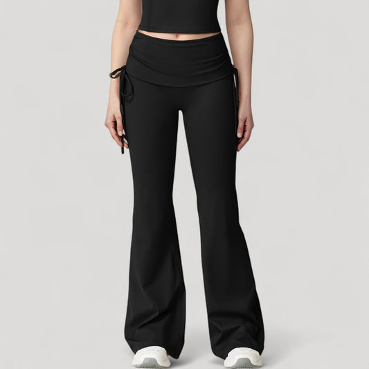 Drawstring Ruched Waist Flared Leg Pants Stretch Fabric Active Yoga Lounge Bottoms