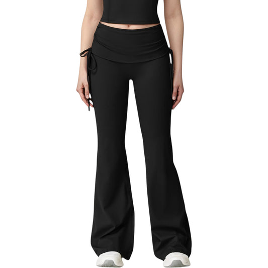 Drawstring Ruched Waist Flared Leg Pants Stretch Fabric Active Yoga Lounge Bottoms