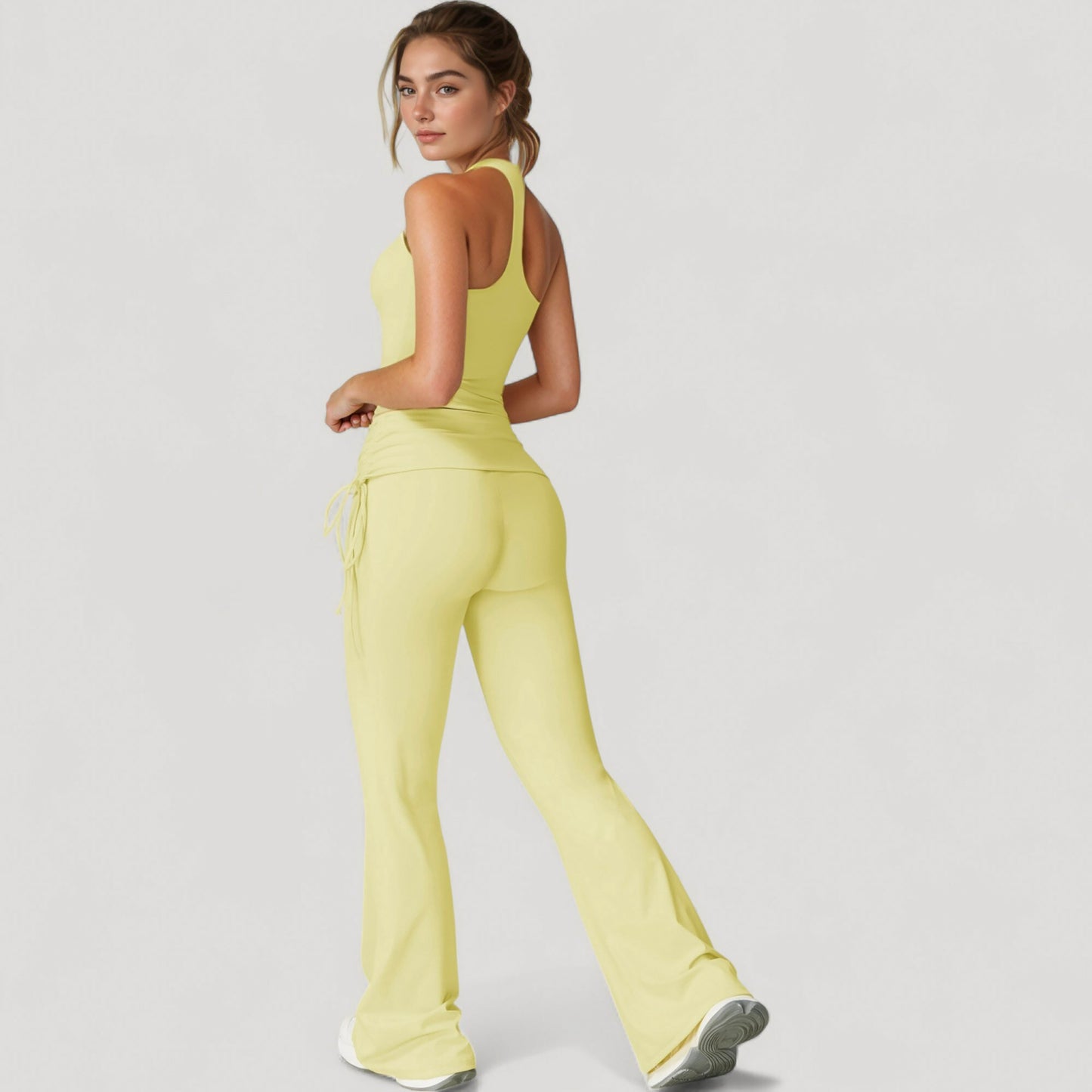 Drawstring Ruched Waist Flared Leg Pants Stretch Fabric Active Yoga Lounge Bottoms