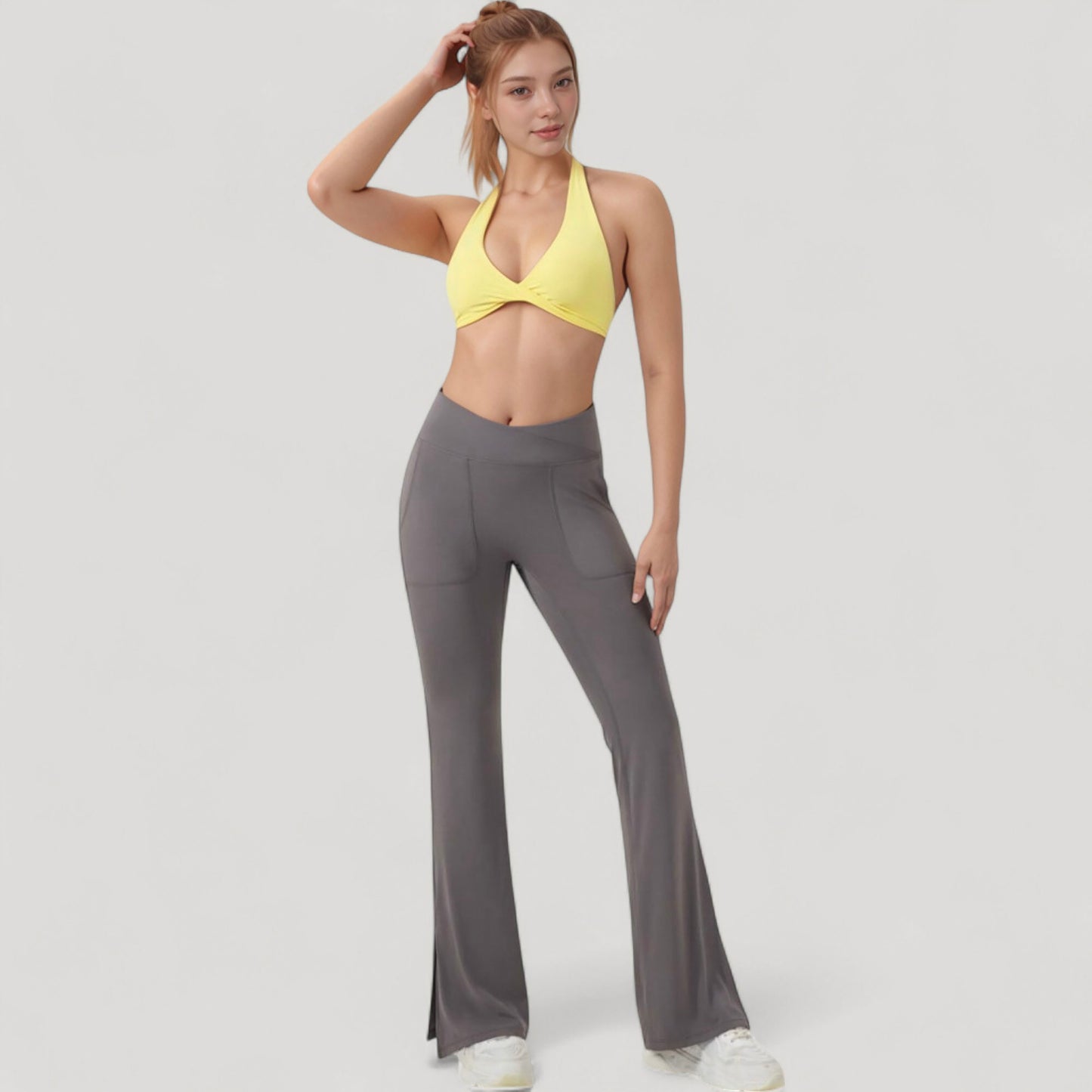 Halter Neck Sports Bra with Ruched Front Detail Low Impact Stretch Fabric Removable Padding