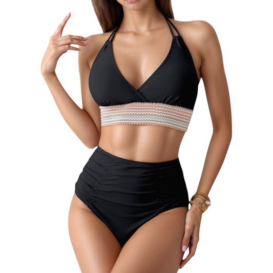 High Waist Bikini Set with Crochet Waistband and Halter V Neck Top