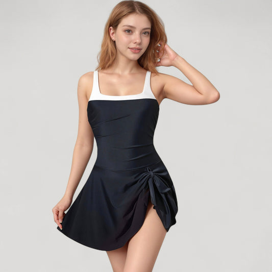 Square Neck Swim Dress with Contrast Trim and Side Bow Skirt Overlay