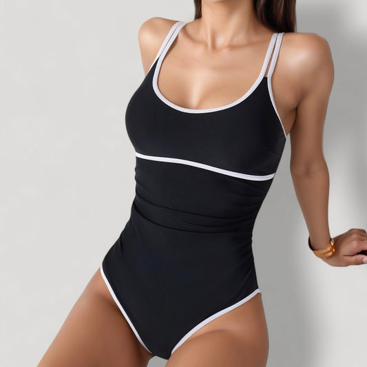 One-Piece Swimsuit with Scoop Neck Contrast Trim and Ruched Waist Detail