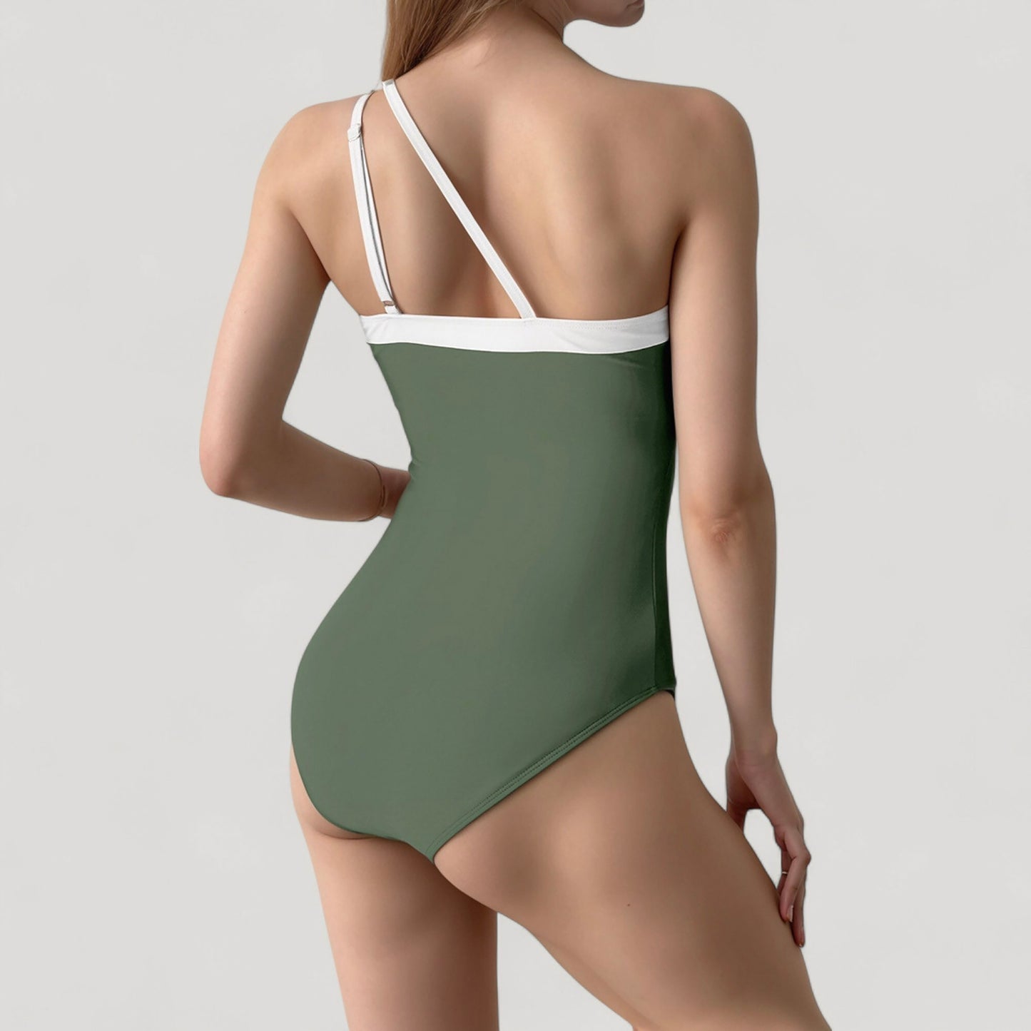 One Shoulder One Piece Swimsuit with Asymmetrical Neckline and Contrast Trim Design